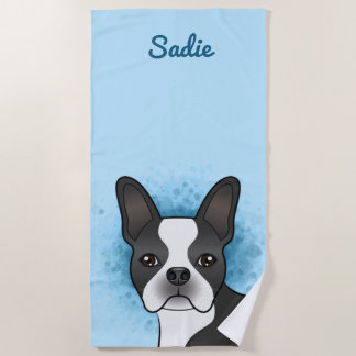 Black Boston Terrier Cute Dog Head On Blue &amp; Name Beach Towel