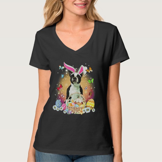 Black Boston Terrier Dog Bunny Easter Eggs Basket  T-Shirt (Front)