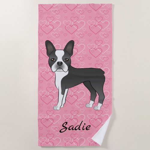 Black Boston Terrier Dog On Pink Hearts And Name Beach Towel