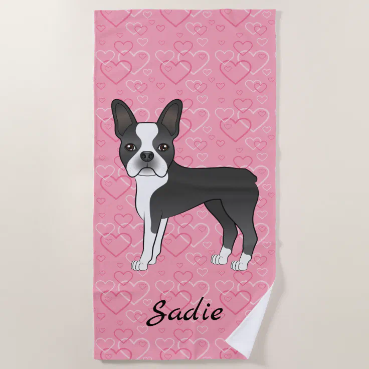Black Boston Terrier Dog On Pink Hearts And Name Beach Towel | Zazzle