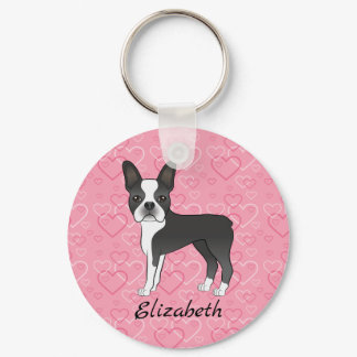 Black Boston Terrier Dog On Pink Hearts And Name Keychain