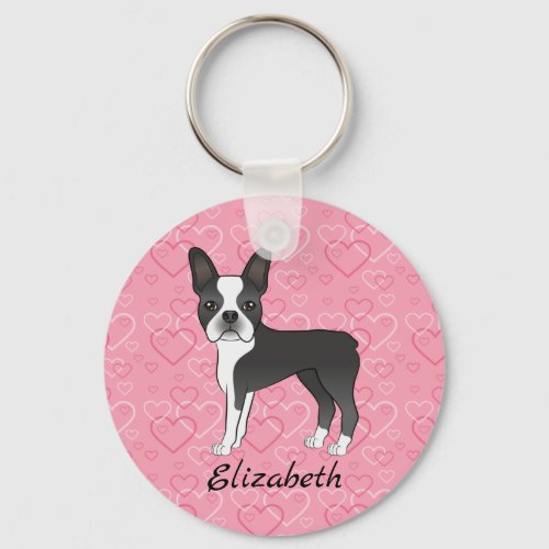 Black Boston Terrier Dog On Pink Hearts And Name Keychain