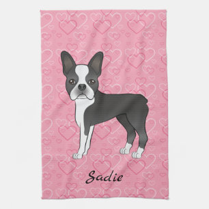 Black Boston Terrier Dog On Pink Hearts And Name Kitchen Towel
