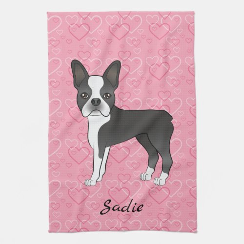 Black Boston Terrier Dog On Pink Hearts And Name Kitchen Towel