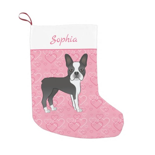Black Boston Terrier Dog On Pink Hearts And Name Small Christmas Stocking