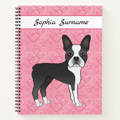 Black Boston Terrier Dog On Pink Hearts And Text Notebook