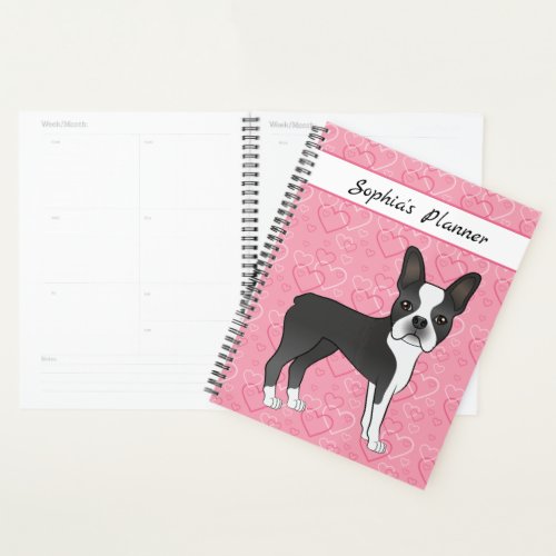 Black Boston Terrier Dog On Pink Hearts And Text Planner