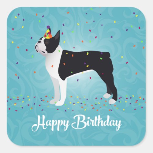 Black Boston Terrier Happy Birthday Design Square Sticker