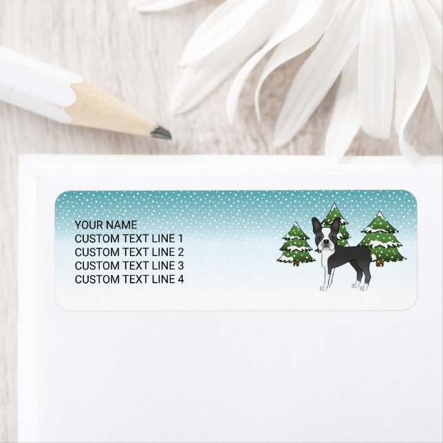 Black Boston Terrier In A Winter Forest Label (Insitu)