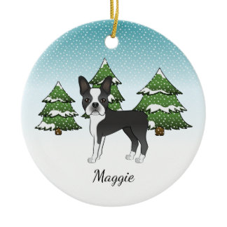 Black Boston Terrier In A Winter Forest &amp; Name Ceramic Ornament