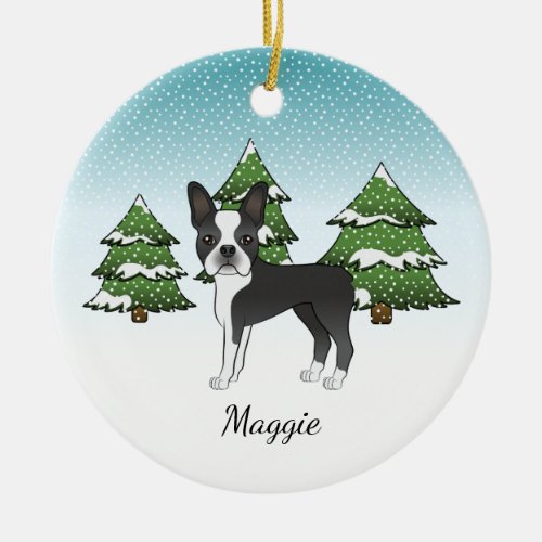 Black Boston Terrier In A Winter Forest  Name Ceramic Ornament