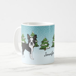Black Boston Terrier In A Winter Forest &amp; Name Coffee Mug