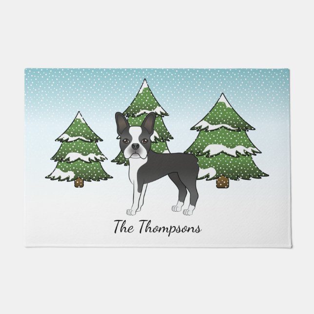 Black Boston Terrier In A Winter Forest & Name Doormat (Front)