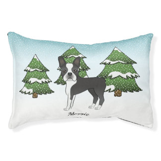 Black Boston Terrier In A Winter Forest &amp; Name Pet Bed