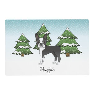 Black Boston Terrier In A Winter Forest & Name Placemat