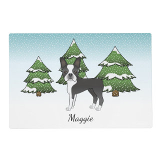 Black Boston Terrier In A Winter Forest &amp; Name Placemat