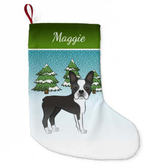 Black Boston Terrier In A Winter Forest &amp; Name Small Christmas Stocking