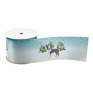 Black Boston Terrier In A Winter Forest Satin Ribbon