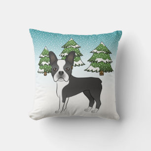Black Boston Terrier In A Winter Forest Throw Pillow