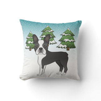 Black Boston Terrier In A Winter Forest Throw Pillow
