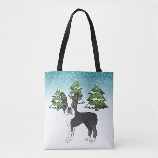 Black Boston Terrier In A Winter Forest Tote Bag