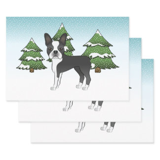Black Boston Terrier In A Winter Forest Wrapping Paper Sheets