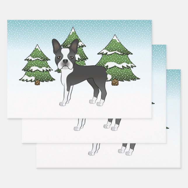 Black Boston Terrier In A Winter Forest Wrapping Paper Sheets (Set)