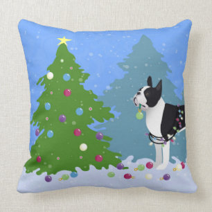 Black Boston Terrier in Christmas Forest Throw Pillow