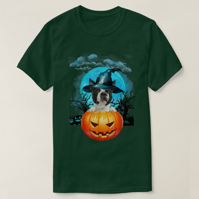 Black Boston Terrier Witch Pumpkin And Blue Moon 1 T-Shirt (Design Front)