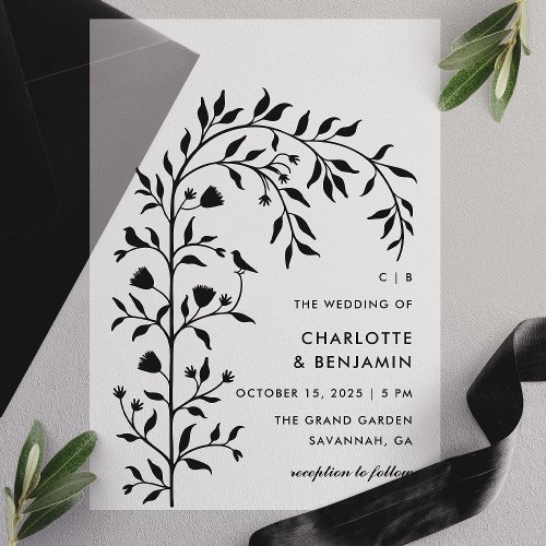 Black Botanical Bird Arch Wedding Vellum Invitations