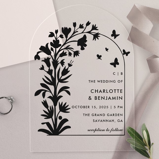 Black Botanical Butterfly Arched Wedding Acrylic Invitations (Creator Uploaded)
