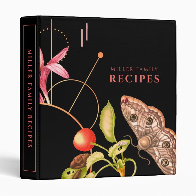 Black Botanical Butterfly | Family Recipes 3 Ring Binder (Front/Spine)