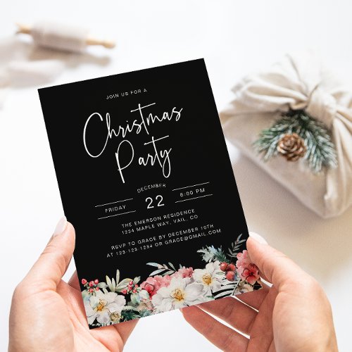 Black Botanical Christmas Party Invitation