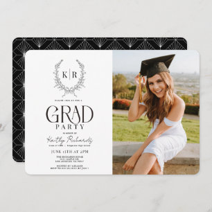 Black Botanical Crest Monogram Graduation Photo Invitation