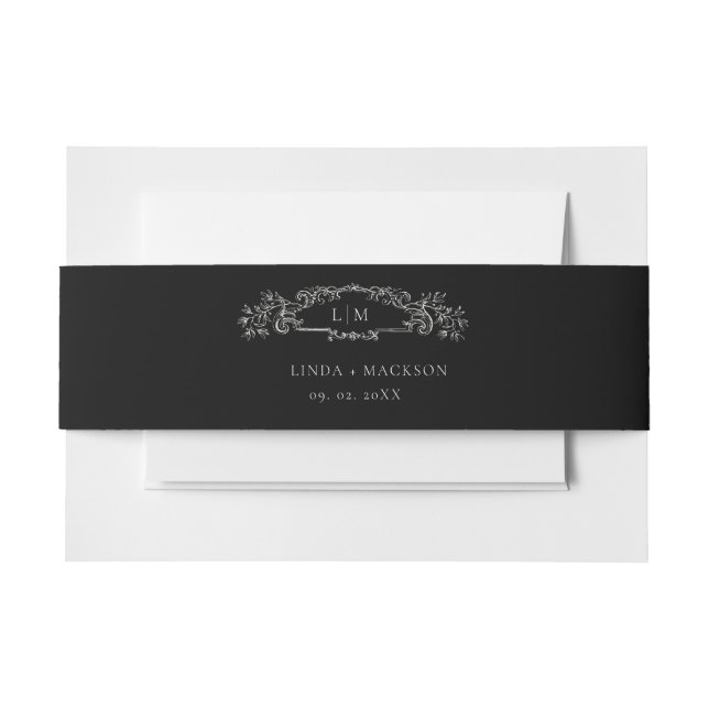 Black botanical crest monogram wedding invitation belly band (Front Example)