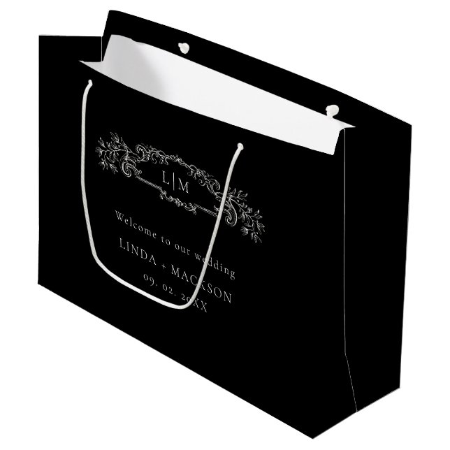Black botanical crest monogram wedding large gift bag (Front Angled)