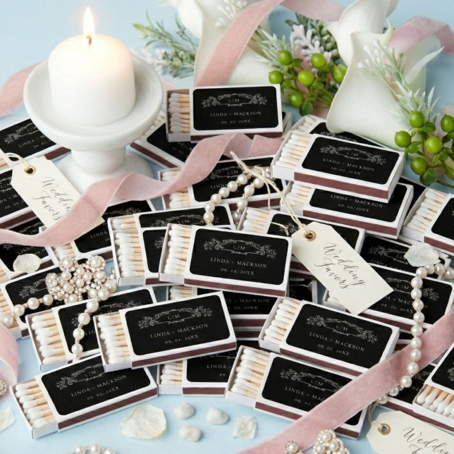 Black botanical crest monogram wedding matchboxes (Creator Uploaded)