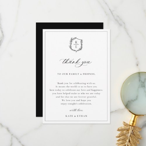 Black Botanical Crest Wedding Reception Table Thank You Card