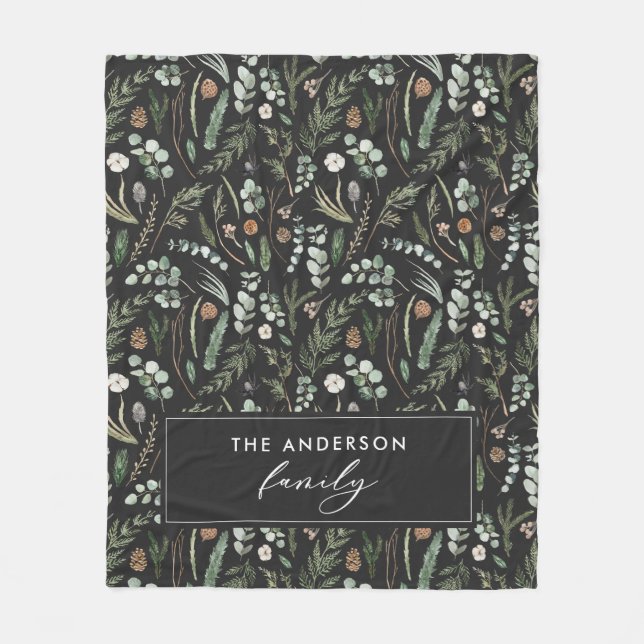 Black botanical elegant modern family gift fleece blanket (Front)