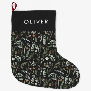 Black botanical elegant modern family gift large christmas stocking