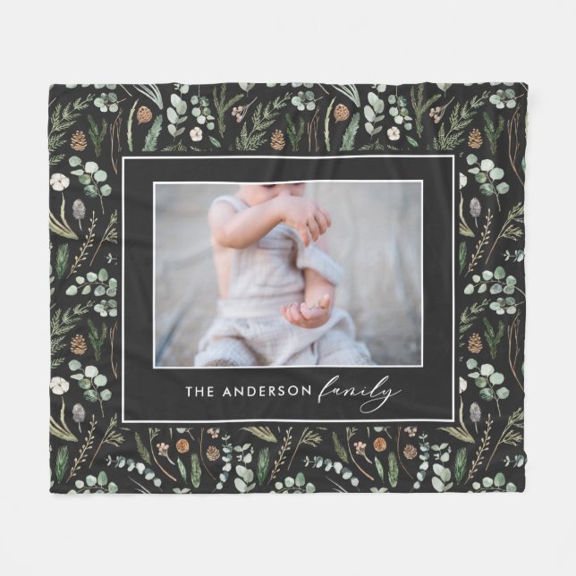 Black botanical elegant modern family photo fleece blanket (Front (Horizontal))