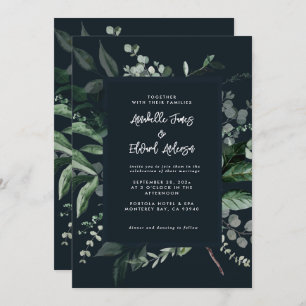 Black botanical floral elegant wedding details QR Invitation