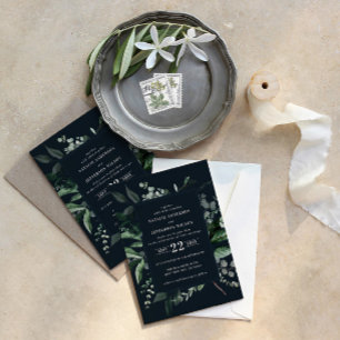 Black botanical floral elegant wedding details QR Invitation