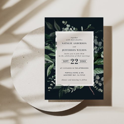 Black botanical floral elegant wedding details QR  Invitation