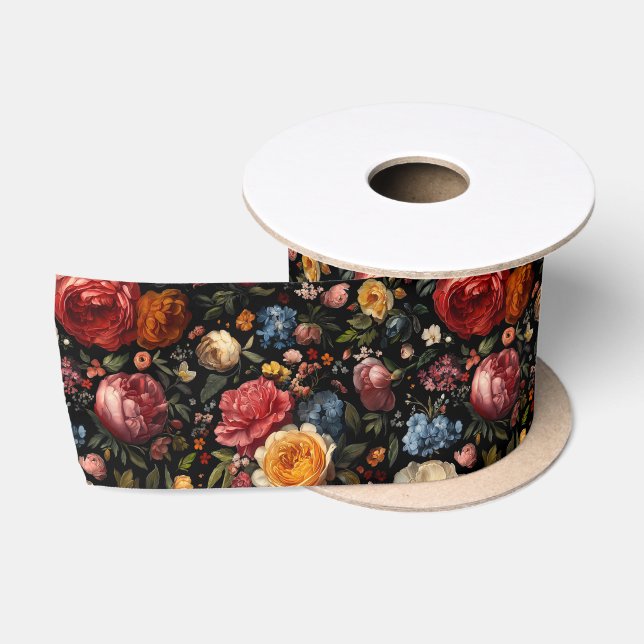 Black Botanical Floral Moody Baroque Antique Dutch Satin Ribbon (Spool)