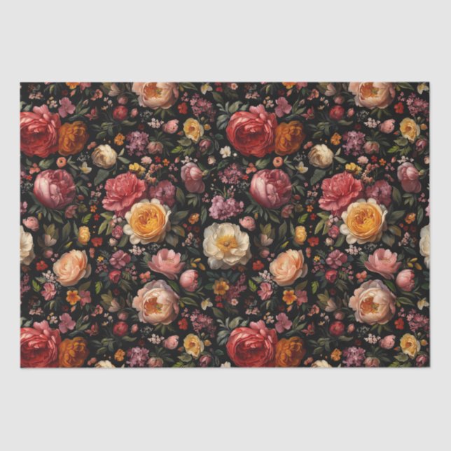 Black Botanical Floral Moody Baroque Antique Dutch Tissue Paper (Front)