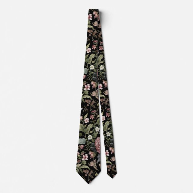 Black Botanical Floral Neck Tie (Front)