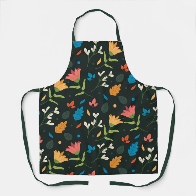 Black Botanical Floral Print Apron (Front)