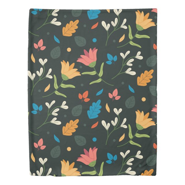 Black Botanical Floral Print Duvet Cover (Front)