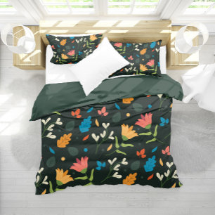 Black Botanical Floral Print Duvet Cover